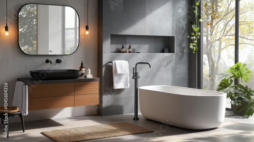 Minimalist bathroom featuring a matte black bathtub and modern fixtures with elegant wood accents and ambient lighting photo