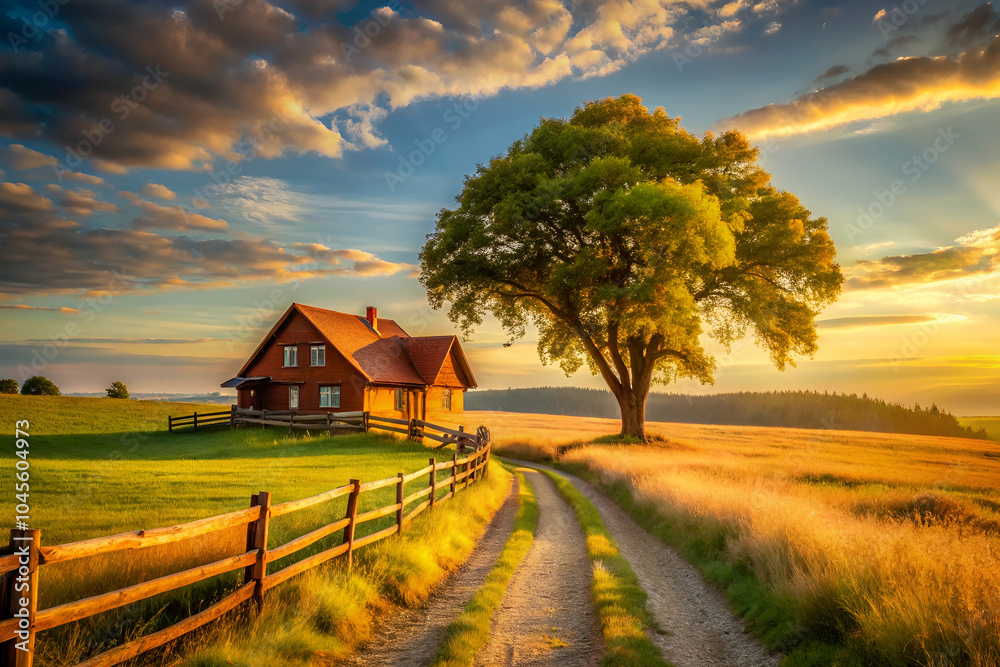 A serene countryside scene featuring a charming house, a large tree, and a winding dirt path under a warm, golden sunset sky. A serene countryside scene featuring a charming house, a large tree, and a winding dirt path under a warm, golden sunset sky.