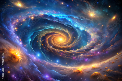 A vibrant cosmic swirl of blues and purples, featuring a bright golden center surrounded by stars, representing the beauty of a galaxy in deep space.