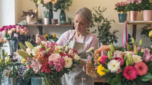 Florist arranging a colorful bouquet in a charming flower shop