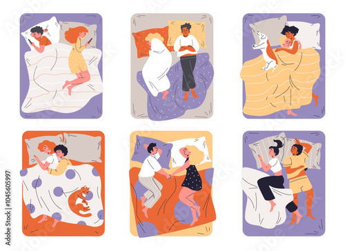 Young heterosexual and homosexual couples hugging lying on bed with pet, relationship in love and conflict vector set