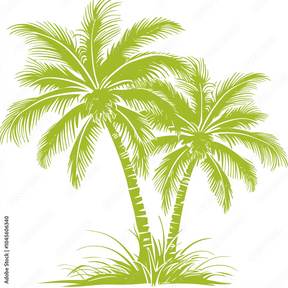 Fototapeta premium Two palm trees are standing next to each other, with their leaves spread out