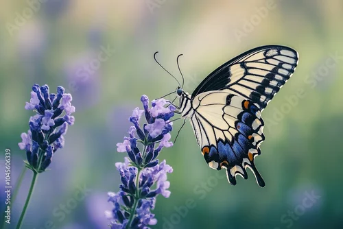 Fototapeta Photograph of a butterfly with black and white wings on a purple flower