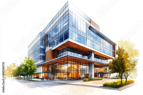 A modern office building with glass facade and wooden accents, rendered in a watercolor style.