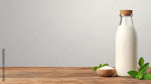 A photostock of a bottle of milk on a wooden table, white background, breakfast theme photo