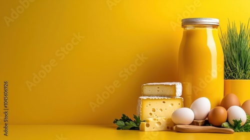 A photostock of assorted cheeses and eggs on a yellow background, dairy products concept