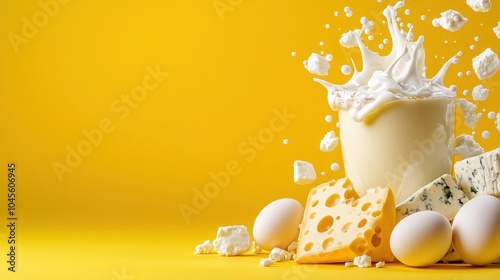 A photostock of assorted cheeses and eggs on a yellow background, dairy products concept