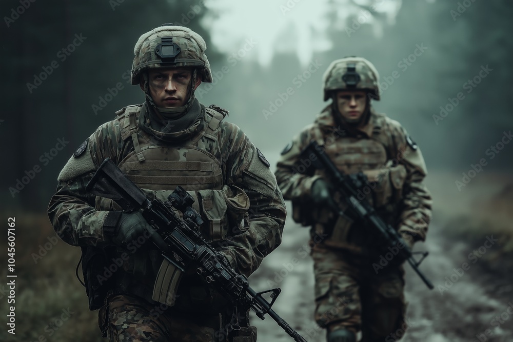 Two soldiers in tactical gear walk through a foggy forest, carrying rifles, showcasing unity and resolve. Two soldiers in tactical gear walk through a foggy forest, carrying rifles, showcasing unity and resolve.