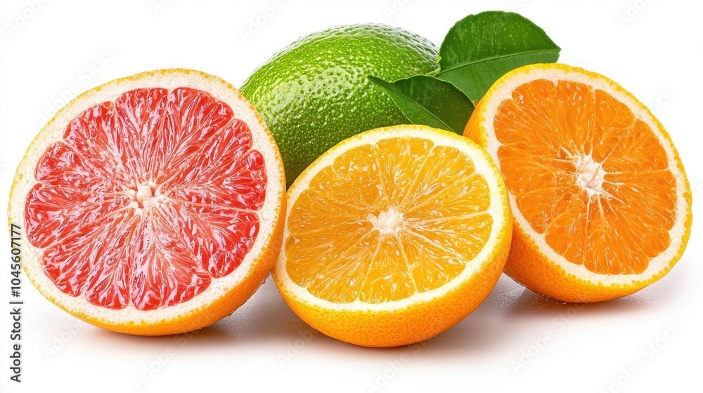 A photostock of assorted citrus slices on a white background, clean and fresh A photostock of assorted citrus slices on a white background, clean and fresh