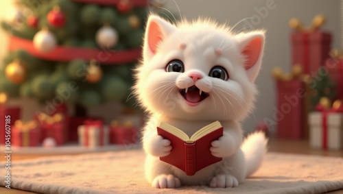 Cute white kitten with a red book sits by a Christmas tree surrounded by festive gifts.