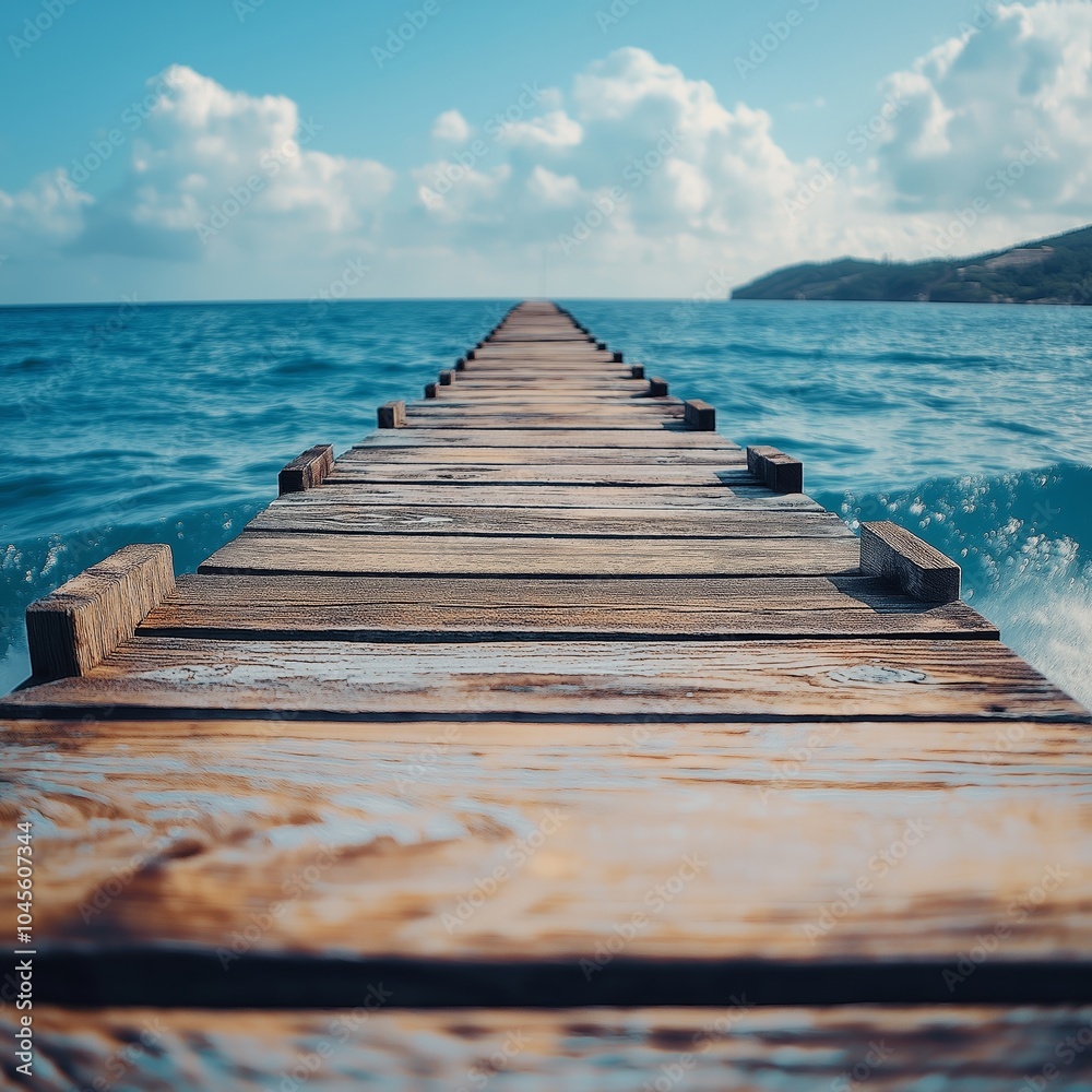 Obraz premium A long wooden pier stretches into the vast blue ocean under a sky with clouds, representing tranquility and adventure.