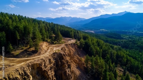 A winding dirt road leads through a dense forest on a mountainside, with a breathtaking view of the valley below.