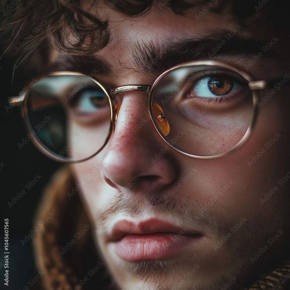 Portrait of a young man wearing glasses, captured with a thoughtful expression, highlighting facial details vividly. Portrait of a young man wearing glasses, captured with a thoughtful expression, highlighting facial details vividly.