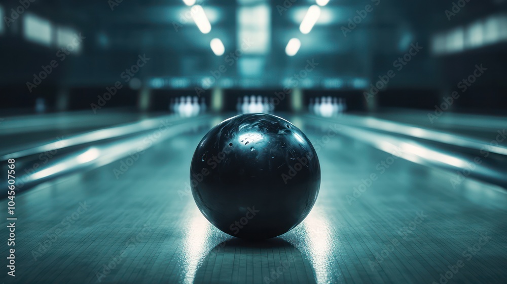 Black bowling ball on lane with pins in the distance under dim lighting. Low-angle perspective in a bowling alley. Sports and recreation concept. Black bowling ball on lane with pins in the distance under dim lighting. Low-angle perspective in a bowling alley. Sports and recreation concept.