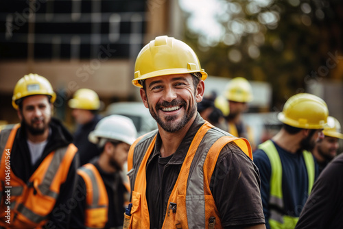 A group of smiling construction workers wearing uniforms 