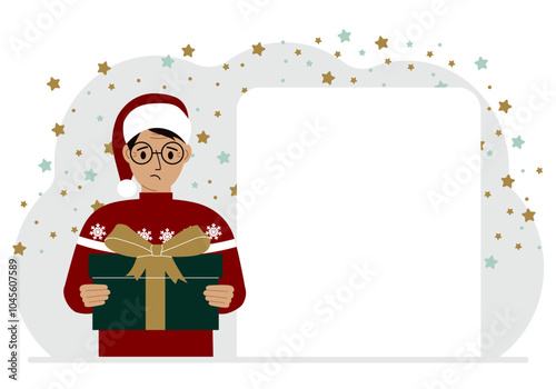 A man in a red sweater is holding a large gift box with a bow. New Year or Christmas. Vector flat illustration.