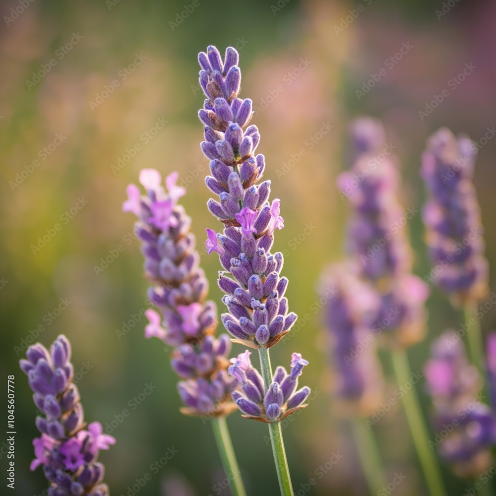 Obraz premium A close-up of lavender flowers capturing their vibrant colors and texture lit by soft, natural sunlight in a meadow.