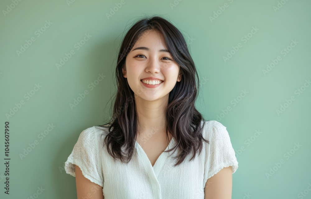 A young woman serene smile and elegant pose against a soft green setting emphasize her natural grace and allure. A young woman serene smile and elegant pose against a soft green setting emphasize her natural grace and allure.