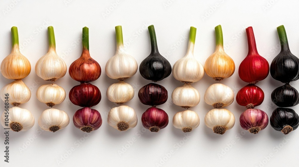 A photostock of assorted garlic on a white background, culinary theme A photostock of assorted garlic on a white background, culinary theme