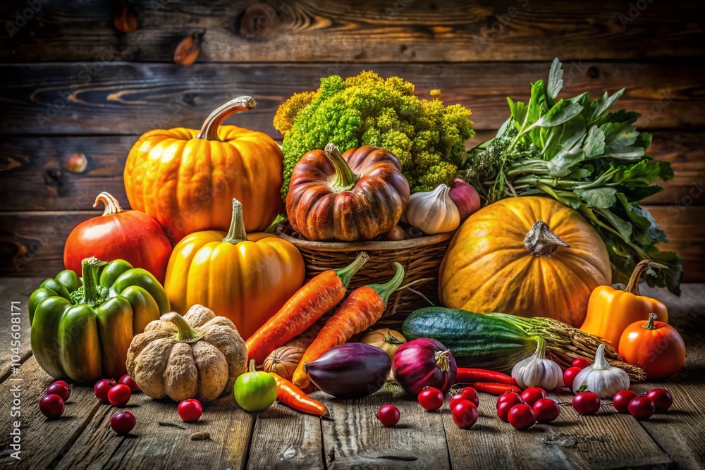 Colorful Fresh Vegetables and Pumpkins on Rustic Wooden Surface for Seasonal Cooking Inspiration Colorful Fresh Vegetables and Pumpkins on Rustic Wooden Surface for Seasonal Cooking Inspiration