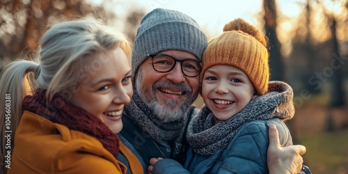 A family shares joy together outdoors, dressed warmly for an autumn day.