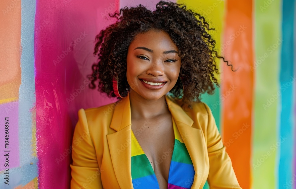 Fototapeta premium An African American businesswoman in a bright blazer and colorful setting embodies leadership, innovation, and inclusivity in corporate campaigns.