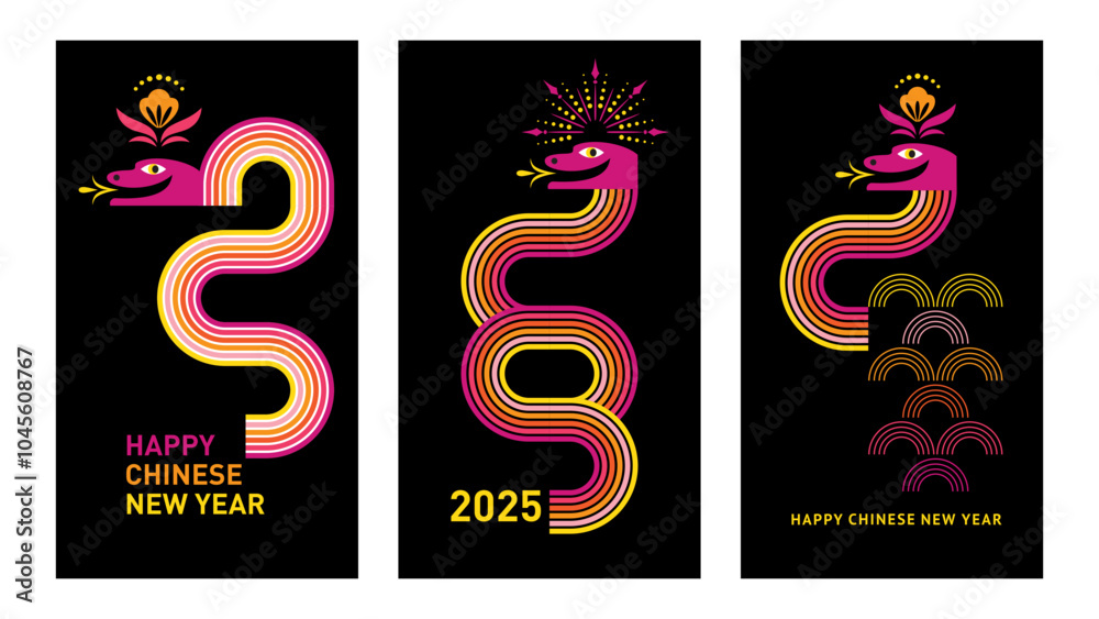 Obraz premium Chinese Happy New Year 2025. Year of the Snake. Symbol of Chinese New Year. Set of Modern minimalist banners