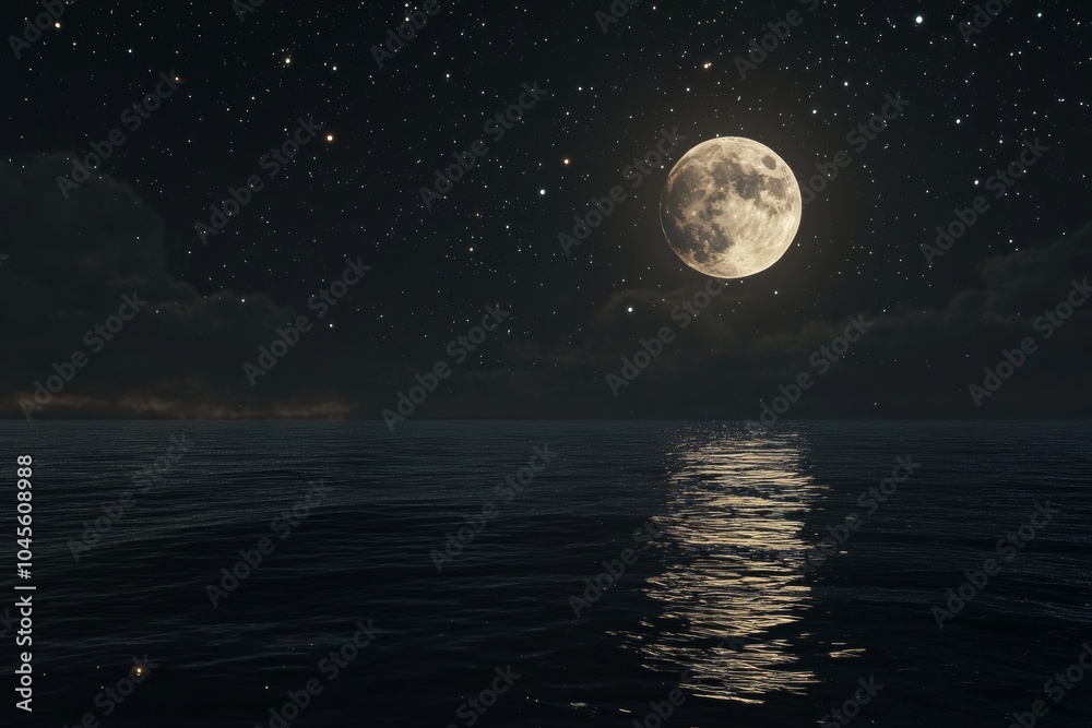 The full moon illuminates the dark sky while casting a shimmering light on tranquil ocean waves, creating a serene nighttime atmosphere filled with stars The full moon illuminates the dark sky while casting a shimmering light on tranquil ocean waves, creating a serene nighttime atmosphere filled with stars