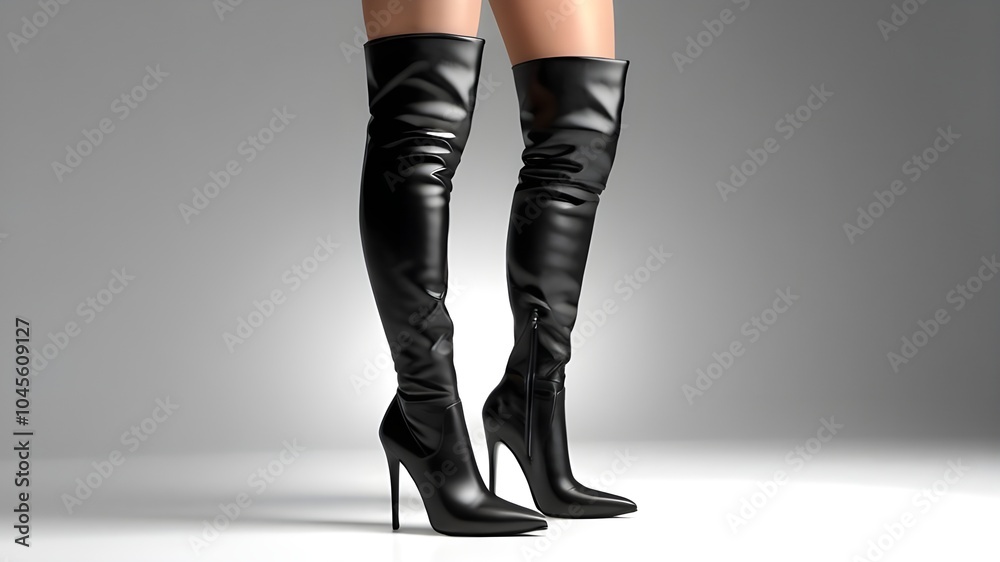 A 3D illustration of stylish over-the-knee boots in sleek black leather, with a pointed toe and stiletto heel