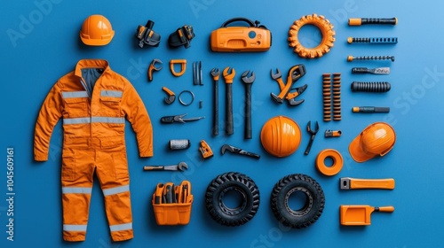 A photostock of assorted tools and safety gear, blue background, construction theme photo