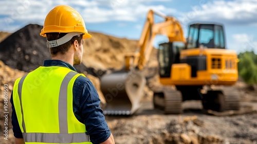 A construction worker in a hard hat and safety vest supervises an excavation site, with heavy machinery in the background, ensuring safety and progress.