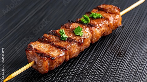 A photostock of barbecue skewers on a black wooden table, close-up, high resolution