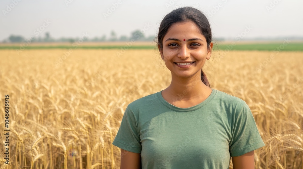 A young Indian woman smiles amid golden wheat stalks waving in the gentle breeze of the field A young Indian woman smiles amid golden wheat stalks waving in the gentle breeze of the field