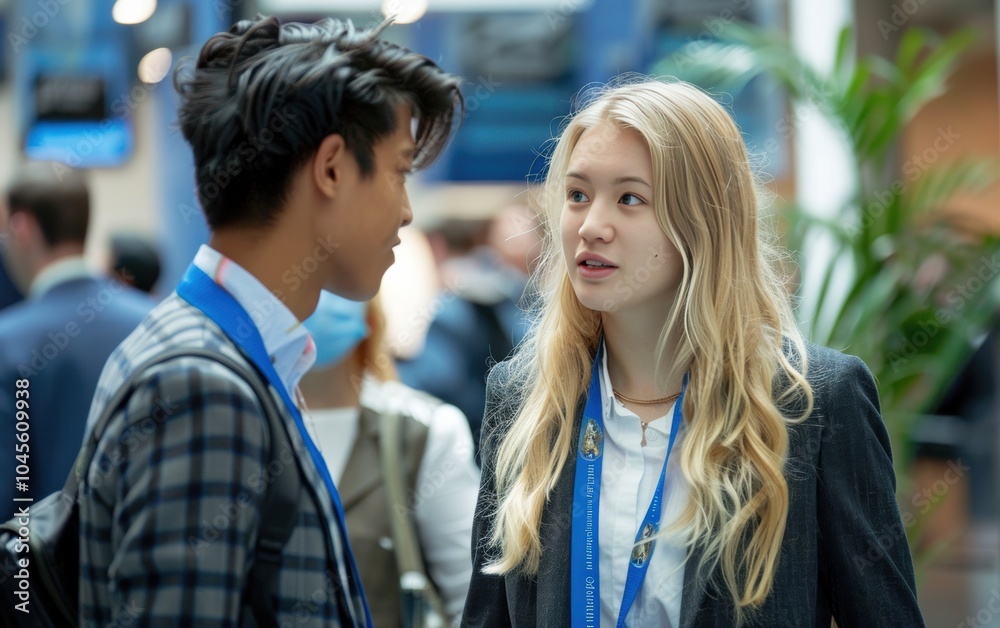 Asian and Caucasian teenager chatting before a seminar, showcasing curiosity and eagerness to learn, ideal for promoting cross-cultural collaboration at professional events. Asian and Caucasian teenager chatting before a seminar, showcasing curiosity and eagerness to learn, ideal for promoting cross-cultural collaboration at professional events.