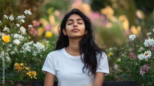 The young Indian woman enjoys a moment of tranquility amidst colorful flowers in the garden