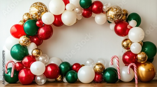 Festive Christmas balloon arch. Photo wall decoration space or place for text. Celebration concept