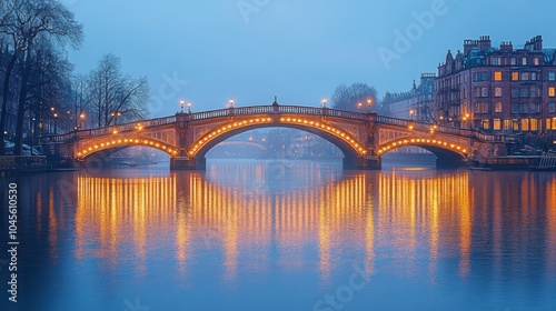 A serene evening view of a bridge illuminated by warm lights, reflecting in calm water.