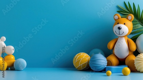 A photostock of colorful childrenâ€™s toys, blue background, playful theme photo