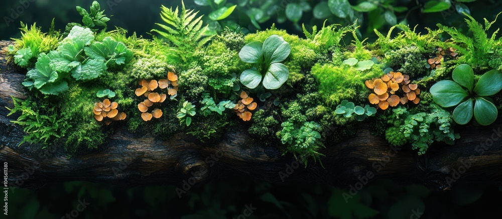 A vibrant display of moss, ferns, and mushrooms on a log in a lush forest setting. A vibrant display of moss, ferns, and mushrooms on a log in a lush forest setting.