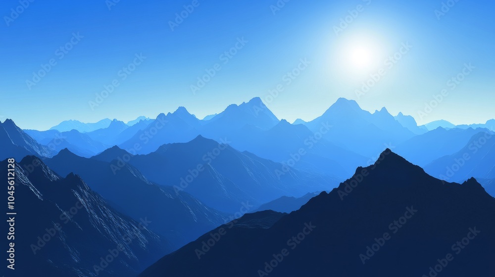 Obraz premium A panoramic view of a mountain range with a bright sun in the sky. The mountains are layered and appear to be a dark blue color in the distance, becoming lighter and more faded towards the horizon.