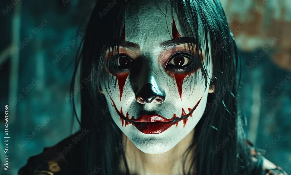 A woman with a painted face resembling a clown, dressed in a red outfit, staring intensely. A woman with a painted face resembling a clown, dressed in a red outfit, staring intensely.