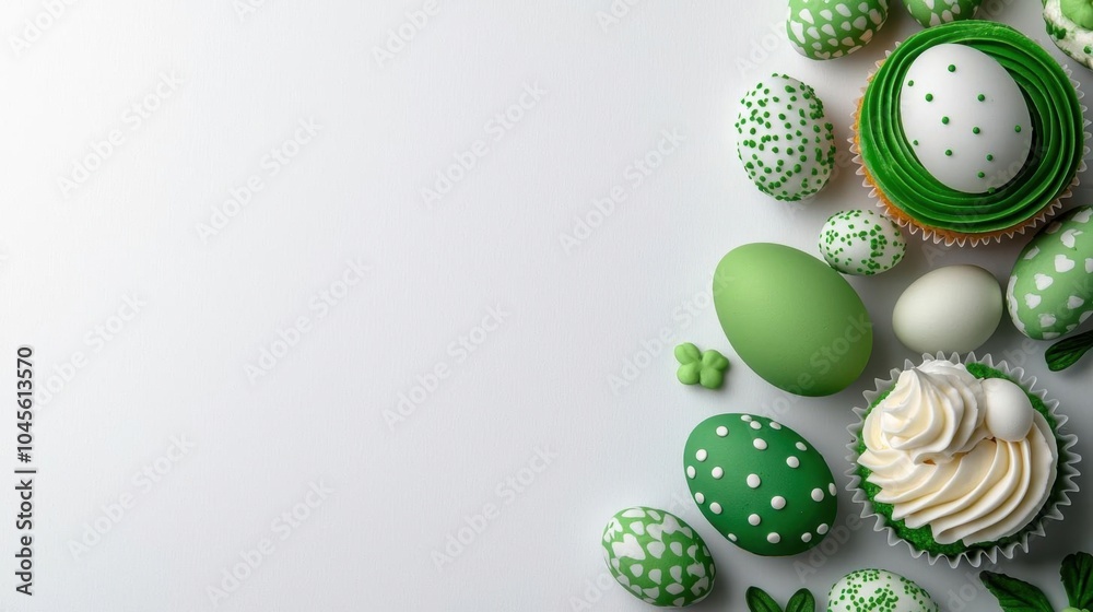 A photostock of festive cupcakes with Easter eggs, white background, spring theme A photostock of festive cupcakes with Easter eggs, white background, spring theme