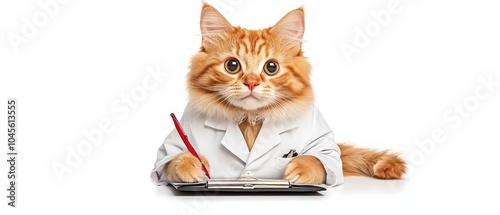 A cute cat dressed as a doctor, while writing notes on a tablet, isolated on a white background.