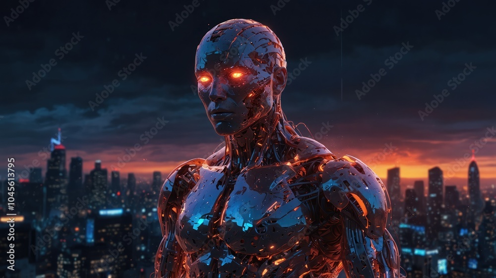 Set against a neon cityscape, the image depicts a future android man with light circuitry on her face and torso. Set against a neon cityscape, the image depicts a future android man with light circuitry on her face and torso.