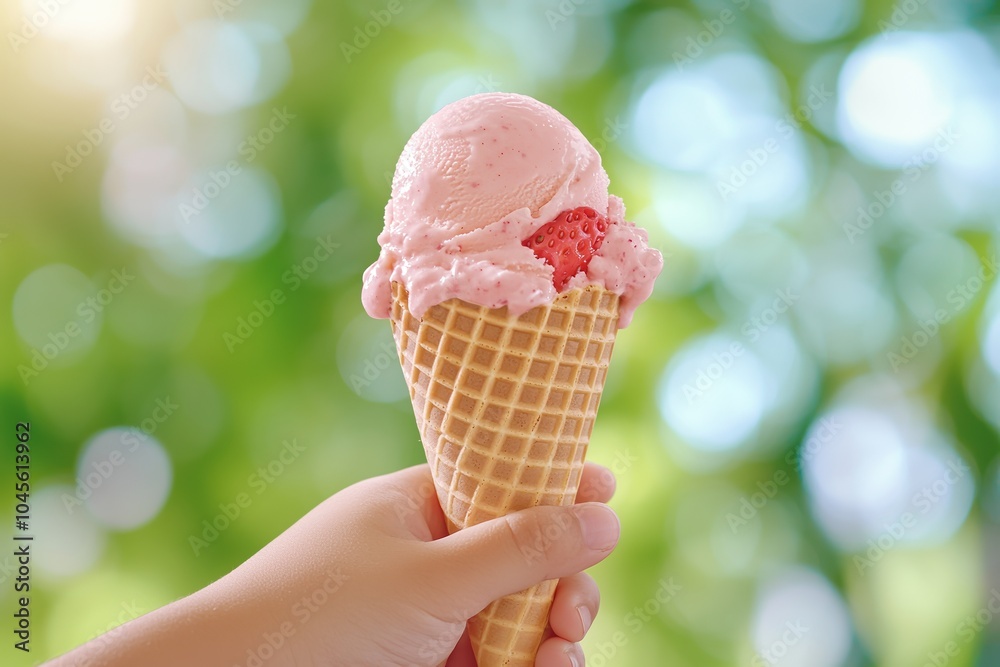 A hand holding a delicious pink ice cream cone against a blurred green background. A hand holding a delicious pink ice cream cone against a blurred green background.