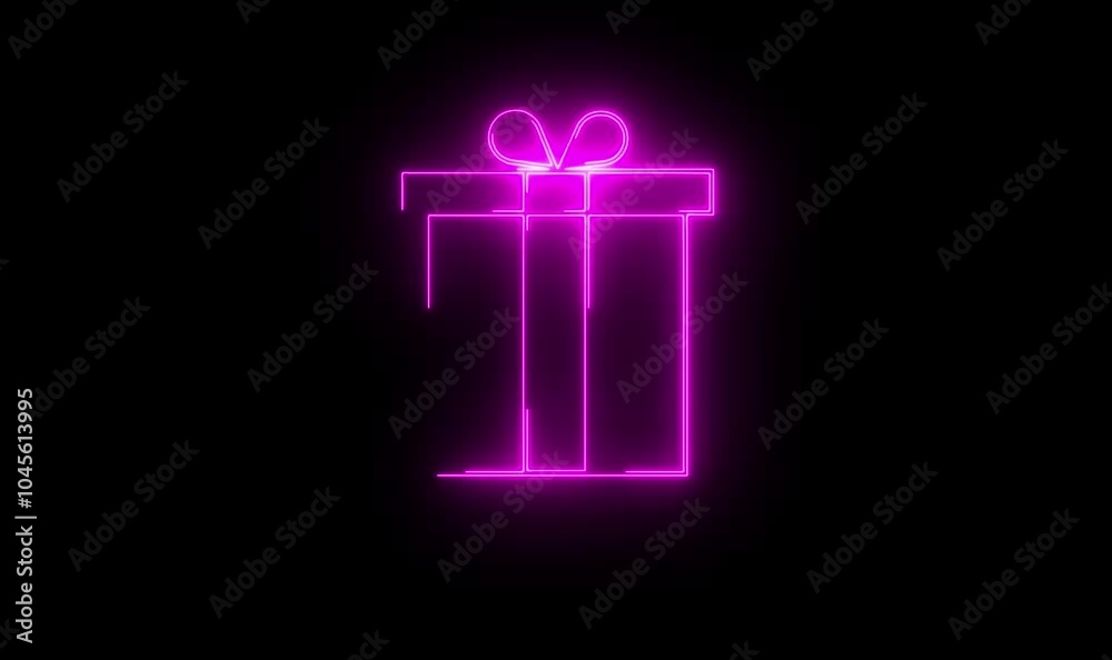 Animation forms a gift box icon with a neon saber effect with black color background. Animation forms a gift box icon with a neon saber effect with black color background.