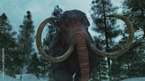 Woolly Mammoth Walking in Snowy Forest - Prehistoric Animation in 4K. Essence of the Ice Age with stunning visual detail and realistic motion for prehistoric documentaries, educational materials