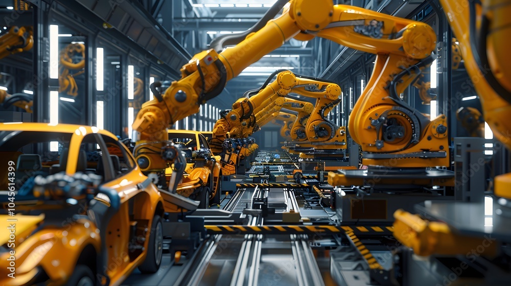 Industrial robotic arms assembling yellow car on automated production line. Industrial robotic arms assembling yellow car on automated production line.