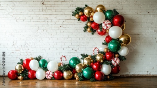 Festive Christmas balloon arch. Photo wall decoration space or place for text. Celebration concept