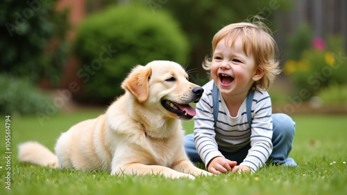 A joyful young child laughing and playing with a friendly golden retriever dog in a lush green backyard, capturing the essence of friendship, innocence, and the pure joy of childhood